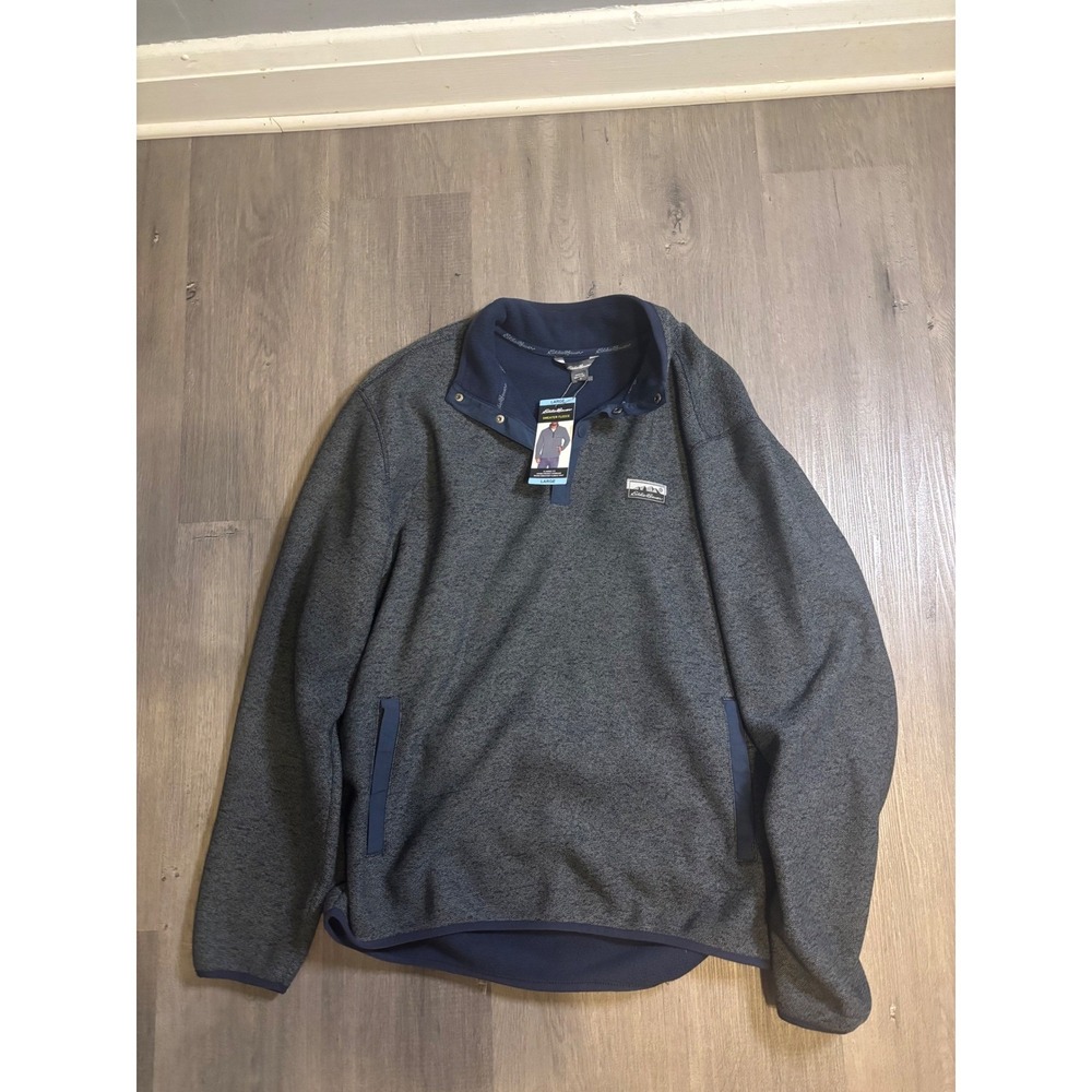 Eddie Bauer Sweater Fleece Mens Large Grey Snap Mock Neck Pullover NEW